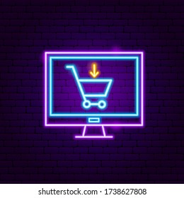 Computer Shopping Cart Neon Sign. Vector Illustration of Desktop Promotion.