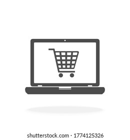Computer With Shopping Cart for an Online Shopping - Vector Icon Illustration Sign