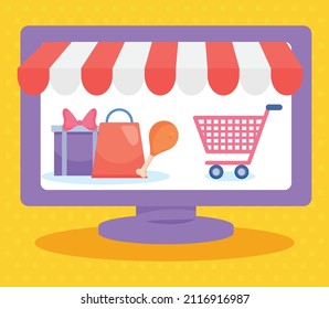 Computer mit Shopping-Icons rund um