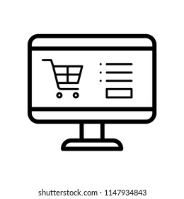 Computer with Shopping online, simple design, stroke outline style. Line vector. Isolate on white background.