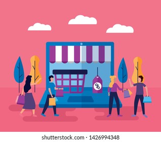 computer shopping store online outdoor girls and boys vector illustration