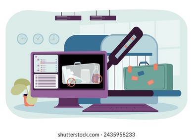 Computer showing scanned baggage at airport. Vector illustrstion. Conveyor belt with suitsace, hand held metal detector scanner. Restrictions on fluid transportation, airport, travel concept