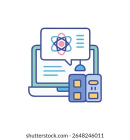 A computer shows a coding atom symbol with development platforms. Flat, cartoon style illustration with bright colors on a White Background.