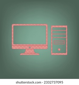 Computer sign illustration. Apricot Icon with Brick Red parquet floor graphic pattern on a Ebony background. Feldgrau. Green. Illustration.