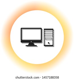 Computer sign illustration. Dark icon with shadow on the glowing circle button. Illustration.
