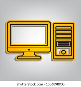 Computer sign illustration. Flat orange icon with overlapping linear black icon with gray shadow at whitish background. Illustration.