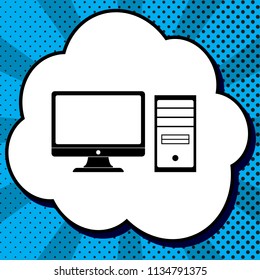 Computer sign illustration. Vector. Black icon in bubble on blue pop-art background with rays.