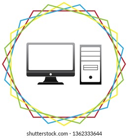 Computer sign illustration. Vector. Black icon with patch of light inside colorful hexagonal frames at white background.