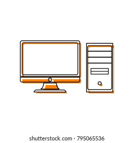 Computer sign illustration. Vector. Black line icon with shifted flat orange filled icon on white background. Isolated.
