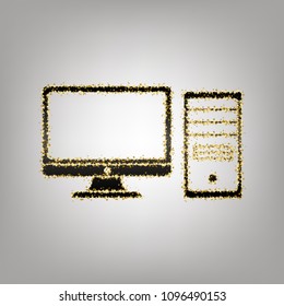 Computer sign illustration. Vector. Blackish icon with golden stars at grayish background.