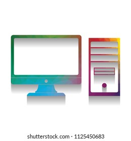 Computer sign illustration. Vector. Colorful icon with bright texture of mosaic with soft shadow on white background. Isolated.