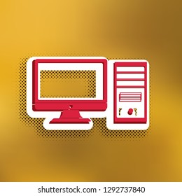 Computer sign illustration. Vector. Magenta icon with darker shadow, white sticker and black popart shadow on golden background.