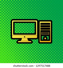 Computer sign illustration. Vector. Pop art orange to yellow dots-gradient icon with black contour at greenish background.