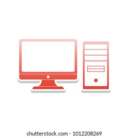 Computer sign illustration. Vector. Reddish icon with white and gray shadow on white background. Isolated.