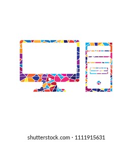 Computer sign illustration. Vector. Stained glass icon on white background. Colorful polygons. Isolated.