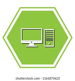 Computer sign illustration. Vector. White icon with black shadow at yellow green honeycomb on white background.