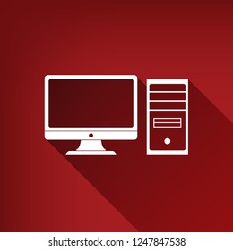 Computer sign illustration. Vector. White icon with limitless shadow at ruby red background.