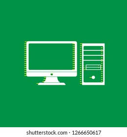 Computer sign illustration. Vector. White flat icon with yellow striped shadow at green background.