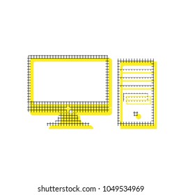 Computer sign illustration. Vector. Yellow icon with square pattern duplicate at white background. Isolated.