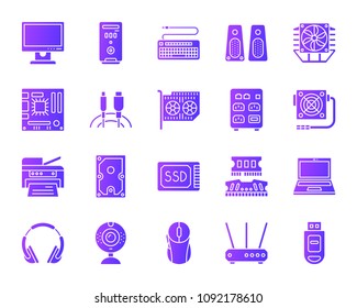 Computer silhouette icons set. Purple web sign kit of electronics. Isolated Gadget pictogram collection includes processor, hdd, printer. Simple ultraviolet gradient symbol. Computer vector icon shape