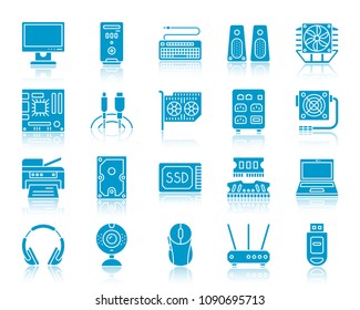 Computer silhouette icons set. Web sign kit of electronics. Computer monochrome pictogram collection includes laptop, modem, headphones. Simple color symbol reflected. Vector Icon shape isolated