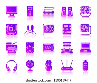 Computer silhouette icons set. Web sign kit of electronics. Gadget ultraviolet pictogram collection includes laptop, modem, headphones. Simple computer symbol reflected. Vector Icon shape isolated