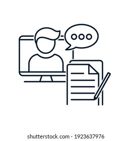 Computer, silhouette of a man, document, pencil, pop up text box. Concept for educational resources, online training courses, distance education, electronic study guides. Vector icon isolated on white