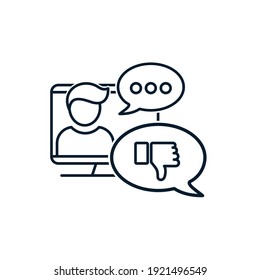 Computer, silhouette of a man, pop up message. Concept negative review, online comment on this product. Vector icon isolated on white background. 