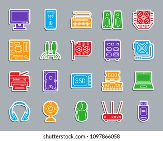 Computer silhouette sticker icons set. Web bright color sign kit of electronics. Gadget pictogram collection includes sound, supply, fan. Simple computer vector icon shape for patch and embroidery