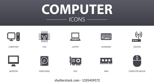 Computer simple concept icons set. Contains such icons as CPU, Laptop, Keyboard, hard drive and more, can be used for web, logo, UI/UX