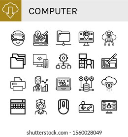 computer simple icons set. Contains such icons as Download, Ar glasses, Design, Share, Computer, Cloud, Folder, Code, Process, Desk, Website design, can be used for web, mobile and logo