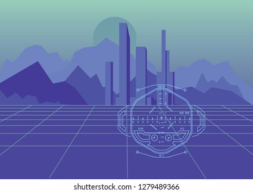 Computer simulation of vehicle movement over terrain. Projected Holographic Dashboard against a modeled landscape that creates a sense of flight. Vector