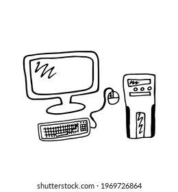 Computer sketch. Hand drawn sketch style computer. Vector illustration, isolated on white background.