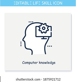 Computer skill line icon. Computer software knowledge. Personality strengths and characteristics.Soft skills concept. Human resources management. Isolated vector illustration. Editable stroke 