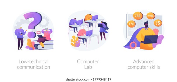 Computer skills requirement abstract concept vector illustration set. Low-technical communication, computer Lab, advanced skills, IT learning, devices for older people, laboratory abstract metaphor.