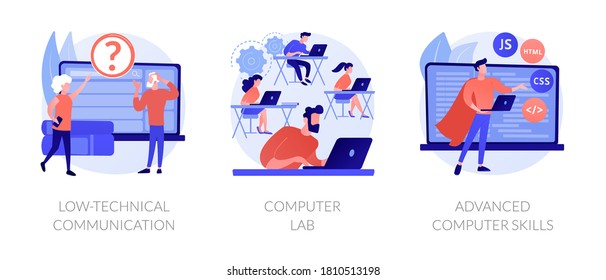 Computer skills requirement abstract concept vector illustration set. Low-technical communication, computer Lab, advanced skills, IT learning, devices for older people, laboratory abstract metaphor.