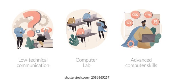 Computer skills requirement abstract concept vector illustration set. Low-technical communication, computer Lab, advanced skills, IT learning, devices for older people, laboratory abstract metaphor.