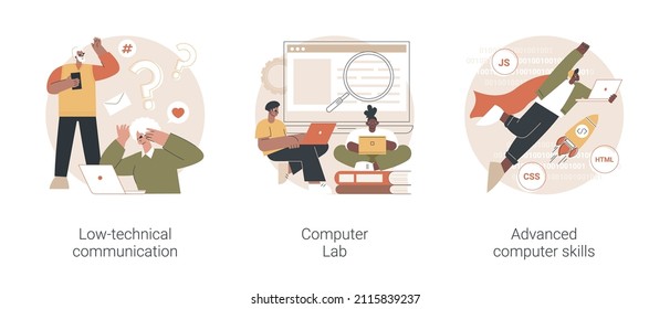 Computer skills requirement abstract concept vector illustration set. Low-technical communication, computer Lab, advanced skills, IT learning, devices for older people, laboratory abstract metaphor.