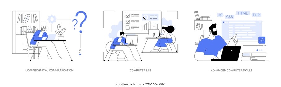 Computer skills requirement abstract concept vector illustration set. Low-technical communication, computer Lab, advanced skills, IT learning, devices for older people, laboratory abstract metaphor.