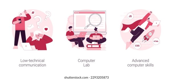 Computer skills requirement abstract concept vector illustration set. Low-technical communication, computer Lab, advanced skills, IT learning, devices for older people, laboratory abstract metaphor.