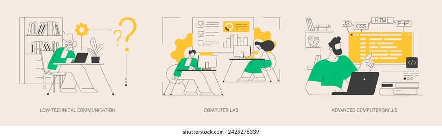 Computer skills requirement abstract concept vector illustration set. Low-technical communication, computer Lab, advanced skills, IT learning, devices for older people, laboratory abstract metaphor.