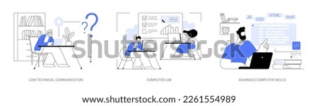 Computer skills requirement abstract concept vector illustration set. Low-technical communication, computer Lab, advanced skills, IT learning, devices for older people, laboratory abstract metaphor.