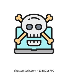 Computer with skull and crossbones symbol, virus, phishing scam, ransomware, email fraud, hacker attack, cybercrime flat color line icon.