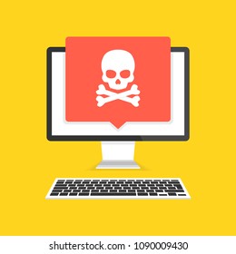 Computer with skull on the screen. Concept of virus, piracy, hacking and security. Vector illustration.