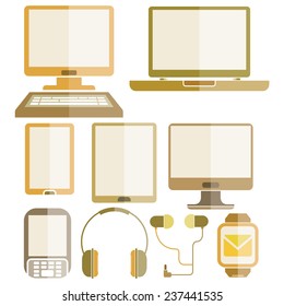 computer, smart device icons set, smart phone, tablets, laptop, headphones with brown theme