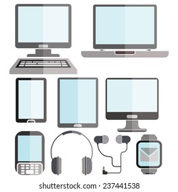 computer, smart device icons set, smart phone, tablets, laptop, headphones with blue and black theme
