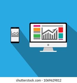 Computer with smart phone and graph in trendy flat style isolated on blue background. Computer and chart bar symbol for technology and business concept. Vector illustration.