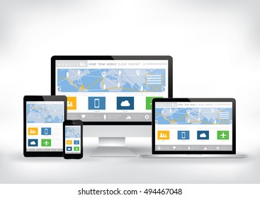 Computer, smart phone, tablet , laptop screen and website template - vector illustration