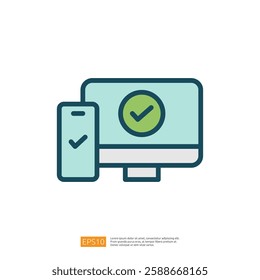 a computer and a smartphone, both displaying check marks, symbolizing successful completion or verification of tasks. Flat line style icon