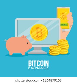 computer with smartphone exchange bitcoin currency and pig